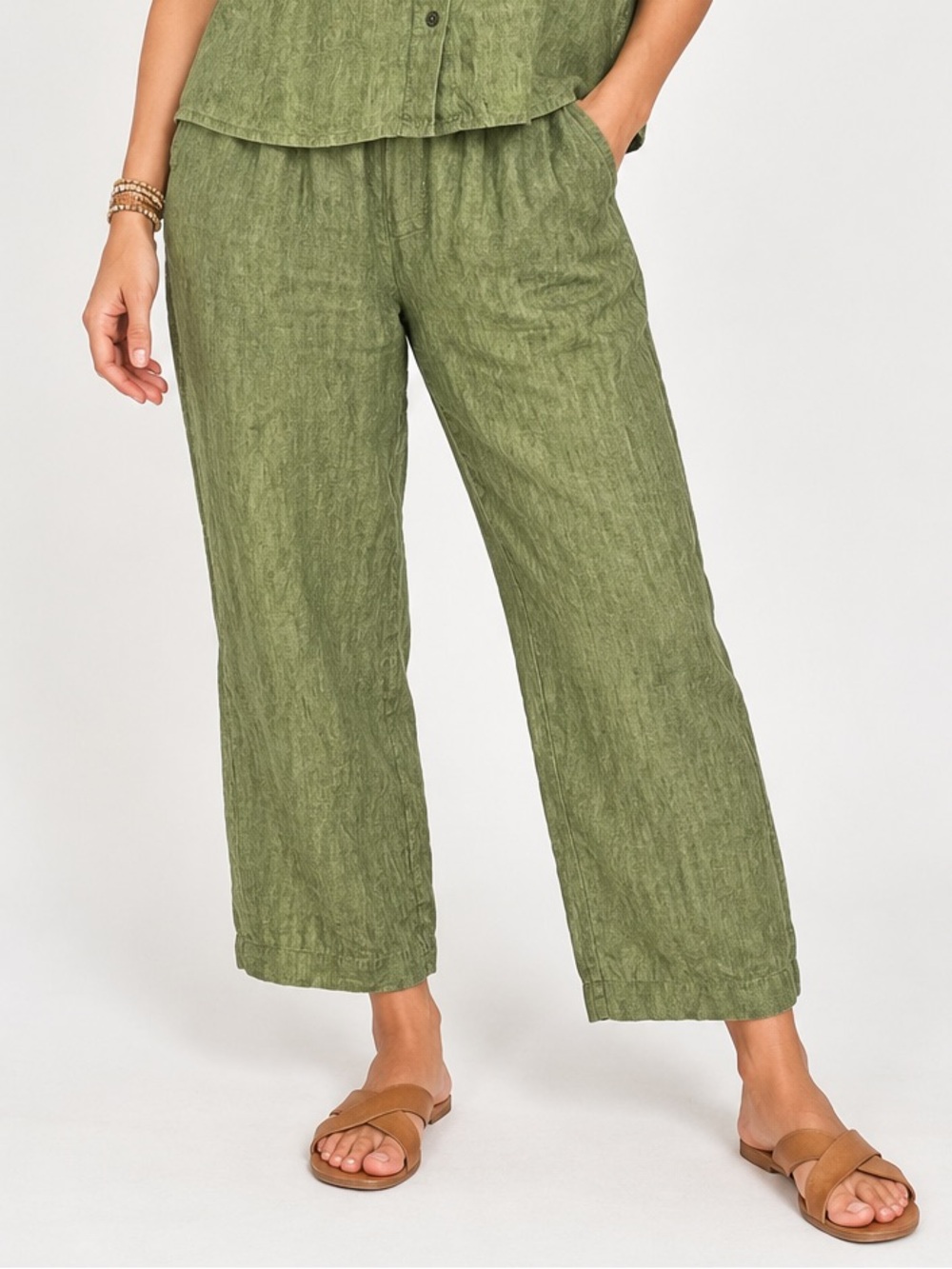 Eileen Fisher System 100% Linen Delave Wide Leg Cropped Pants Size Medium Green